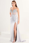 Tiffany Designs 16321 in Silver — front angle featuring scattered crystal embellishments and curve-hugging sheath fit.