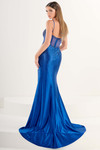 Tiffany Designs 16321 in Royal — side/back angle highlighting mid-open back, sleek shimmer jersey, and sweep train.