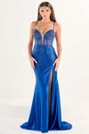 Tiffany Designs 16321 in Royal — front view with plunging sweetheart illusion corset, crystal gradient, and thigh-high slit.