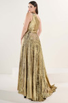 Tiffany Designs 16279 in Gold — side/back angle highlighting subtle slit, mid-open back, and shimmering lamé drape.