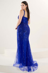 Tiffany Designs 16290 in Royal Blue — side/back angle highlighting scoop back, tulle overlay, and sweep train.