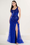 Tiffany Designs 16290 in Royal Blue — front view with scoop illusion plunge neckline, beaded bodice, and side slit.