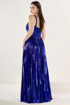 Tiffany Designs 16303 in Royal Blue — side/back angle showing scoop back and radiant shimmer pleats.