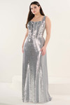 Tiffany Designs 16313 in Silver — front view with scoop neckline, corset bodice, and shimmering micro sequin finish.