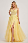 Colette CL6018 A-line prom gown in Sunshine, front view with plunging illusion corset and thigh-high slit