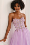 Colette CL6111 close-up in Lilac of glitter appliqué details and sweetheart neckline