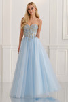 Colette CL6111 A-line prom gown in Blue, front view with strapless sweetheart corset and full tulle skirt