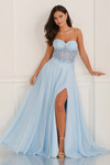 Colette CL6115 A-line in Light Blue, front view with corset sparkle and sweeping skirt