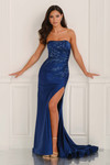 Colette CL6117 fit-and-flare gown in Navy, front view highlighting ruched bodice and dramatic slit