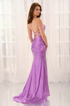 Colette CL6141 back angle in Violet showing lace-up low back and fluid lamé train