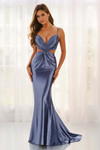 Colette CL6149 gown in Dusty Blue, front view showcasing twist-front detail and subtle shimmer