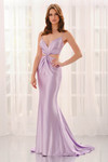 Colette CL6149 fit-and-flare gown in Lilac, front view with twist-front cutouts and plunging V-neck