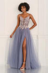 Slate CL6159 front view highlighting sheer corset, slit, and airy A-line skirt.