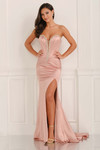 Rose CL6169 front view highlighting ruched hip and sleek slit.