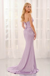 Back view of lilac CL6169 showing lace-up corset and ruched hip detail with sweep train.