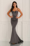 Charcoal CL6175 full-length front view highlighting sculpted corset bodice and curve-hugging skirt.
