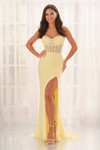 Yellow CL6185 front view highlighting beaded mesh, sheer corset, and slit.