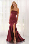 Burgundy CL6191 front view with slit and structured strapless bodice.