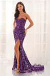 Purple Colette CL6203 strapless sweetheart fit-and-flare gown with sequin lace and slit, front view.