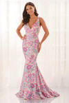 Pink/multi Colette CL6209 sequin fit-and-flare gown with deep V-neck and floral pattern, front view.