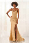 Gold Colette CL6211 metallic fitted gown with sweetheart neckline and thigh-high slit, front view.