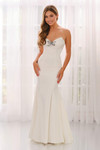 Diamond White CL6221 front view with corseted V-neck and dramatic sweep train.