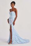 Ice Blue Colette CL8440 strapless sequin-lace fit-and-flare with thigh-high slit, front view.