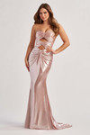 Pink CL8545 front view highlighting dual cut-outs and ruched hip detail.