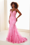 Candy Pink version of EW37209 with plunging corset bodice and lace texture, front view.