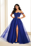 Royal Blue version highlighting sweetheart corset bodice and airy A-line skirt, front view.