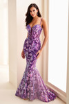 Purple Rain sequin fit-and-flare gown with corset bodice and illusion plunge, front view.