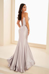 Back view of EW37120 Silver showing lace-up back and sweeping hem.