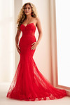 EW37114 Red fit-and-flare emphasizing sculpted corset waist and luxe lace texture, front angle.