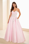 Ellie Wilde EW37095 Light Pink/Multi ball gown with floral lace corset and pockets, front angle.
