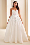 Ellie Wilde EW37095 Ivory/Multi ball gown with sweetheart corset bodice and floral lace over satin, front view.