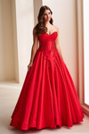 Ellie Wilde EW37082 Red mikado ball gown highlighting basque waist and corset structure, front angle.