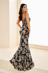 Back view of EW37078 showing lace-up corset and sweeping floral train in Black/White.