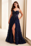 Ellie Wilde EW37067 A-line prom gown in Navy Blue with semi-sheer beaded bodice, thigh-high slit, and pockets, front view.