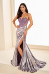 Frosted Lavender EW37046 front view highlighting liquid lamé skirt and high slit.