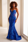 Royal Blue Ellie Wilde EW37042 strapless sequin fit-and-flare prom dress with pointed sweetheart neckline.