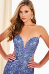 Close-up of pointed sweetheart bodice with sequin-embroidered net and sheer side panels in Dusk.