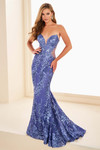 Dusk Ellie Wilde EW37042 strapless sequin fit-and-flare prom dress with pointed sweetheart neckline.