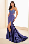 Dusk Ellie Wilde EW37039 strapless corset fit-and-flare gown with pointed sweetheart neckline and thigh-high slit.