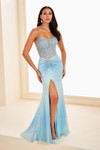 Sky Blue EW37038 front view highlighting scoop neckline, ruched hip, and slit.