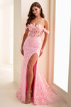 Candy Pink Ellie Wilde EW37032 sequin fit-and-flare prom gown with sweetheart neckline and thigh-high slit.