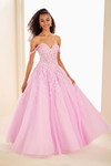 Blushing Lilac EW37028 front view highlighting floral straps and voluminous skirt.
