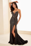 Ellie Wilde EW37008 front—Black beaded fit-and-flare with strapless plunging V-neckline and thigh-high slit.