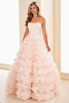 Ellie Wilde EW37006 front view—Petal Pink 3D floral ball gown with strapless beaded corset bodice and voluminous skirt.