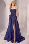 Front view of Morilee 49204 in royple showing strapless draped scoop bodice, bow sash, and thigh-high slit.