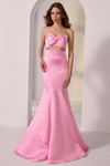 Front view of Morilee 49210 in pink/pink showing strapless bow-front cut-out bodice and satin mermaid skirt.